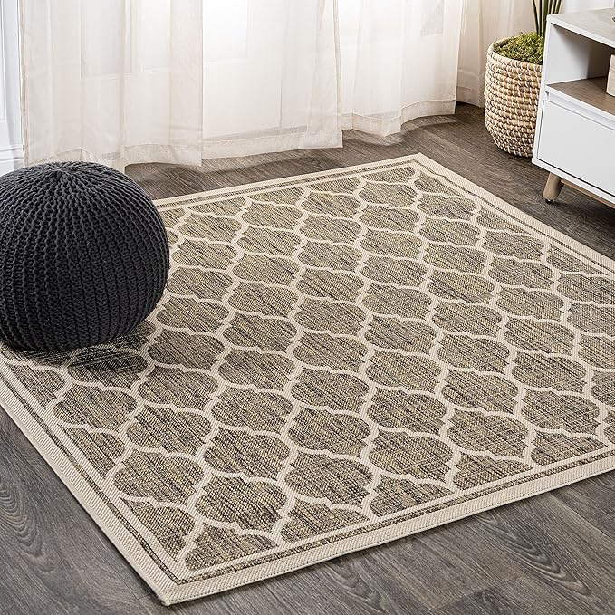 JONATHAN Y Moroccan Trellis Indoor Outdoor Square Area Rug 4X4 Brown/Beige, Trebol Textured Weave for Backyard, Patio, Porch, Easy-Cleaning, High Traffic, Pet-Friendly, Non-Shedding (SMB109A-4SQ)