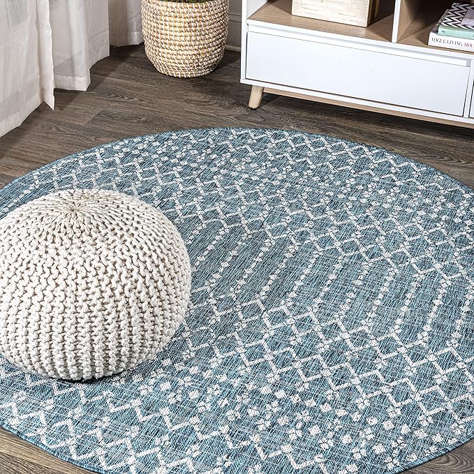 JONATHAN Y Moroccan Geometric Indoor Outdoor Round Area Rug 6 Ft Teal/Gray, Ourika Textured Weave for Backyard, Patio, Porch, Easy-Cleaning, High Traffic, Pet-Friendly, Non-Shedding (SMB108C-6R)