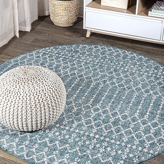 JONATHAN Y Moroccan Geometric Indoor Outdoor Round Area Rug 3 Ft Teal/Gray, Ourika Textured Weave for Backyard, Patio, Porch, Easy-Cleaning, High Traffic, Pet-Friendly, Non-Shedding (SMB108C-3R)