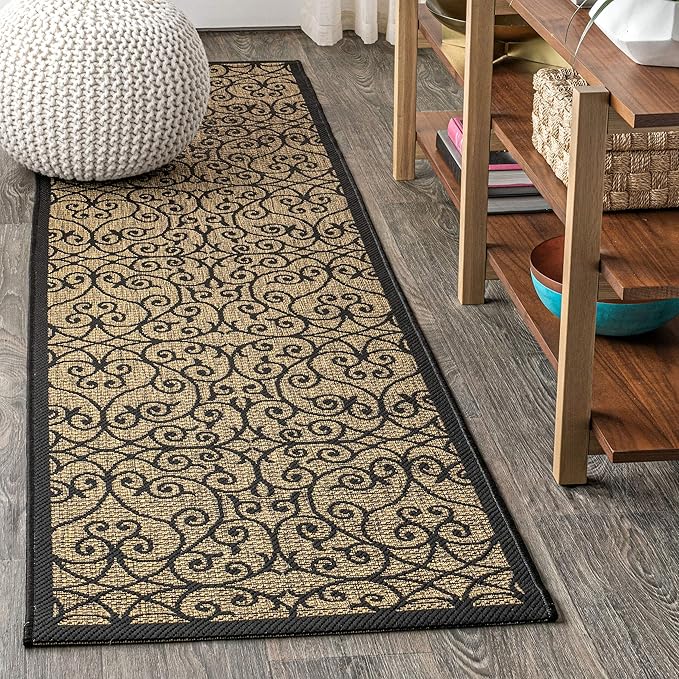 JONATHAN Y Vintage Filigree Indoor Outdoor Runner Rug 2X20 Black/Khaki, Madrid Textured Weave for Backyard, Patio, Porch, Easy-Cleaning, High Traffic, Pet-Friendly, Non-Shedding (SMB107A-220)