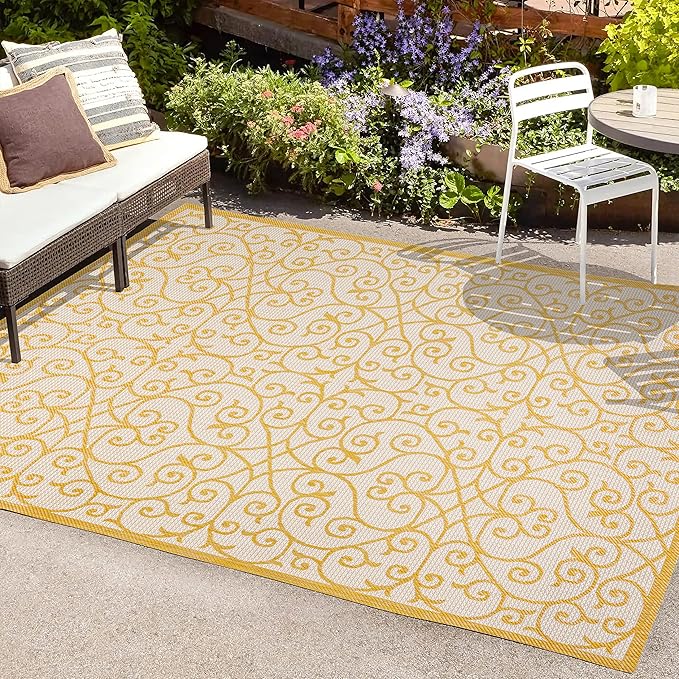 JONATHAN Y Vintage Filigree Indoor Outdoor Area Rug 5X8 Cream/Yellow, Madrid Textured Weave for Backyard, Patio, Porch, Easy-Cleaning, High Traffic, Pet-Friendly, Non-Shedding (SMB107D-5)