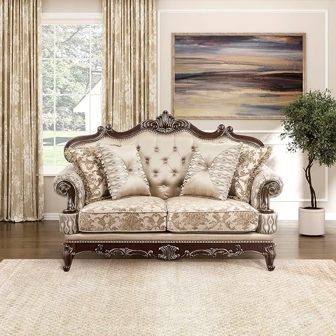 Lexicon Traditional Sofa Couch for Living Room, Rolled Arm Sofa with 4 Accent Pillows, Tufting, Queen Legs in Cherry Finish with Gold Tipping, Upholstered Living Room Furniture, 2 Seater Couch, Brown