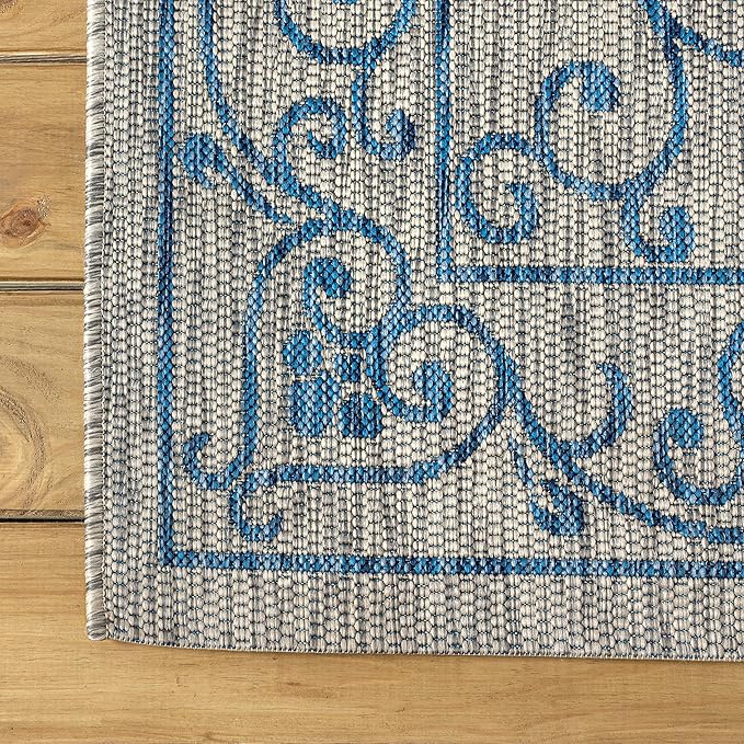 JONATHAN Y Vintage Filigree Indoor Outdoor Runner Rug 2X10 Gray/Navy, Charleston Textured Weave for Backyard, Patio, Porch, Easy-Cleaning, High Traffic, Pet-Friendly, Non-Shedding (SMB106C-210)