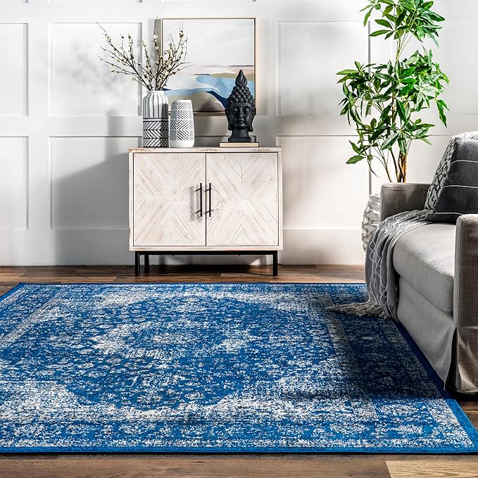 Nuloom Verona Dark Blue/White, 2'6" x 6', Vintage Medallion, Soft and Cozy, High Traffic, Stain Resistant, Easy Clean, Durable Runner for Bedroom, Living Room, Dining Space, Den, Foyer, Entryway