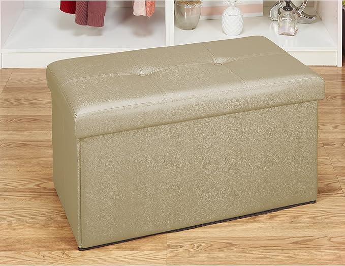 Simplify Faux Leather Folding Storage Ottoman | Double | Collapsible | Tufted Padded Seating | Foot Rest | Bench | Metallic Gold