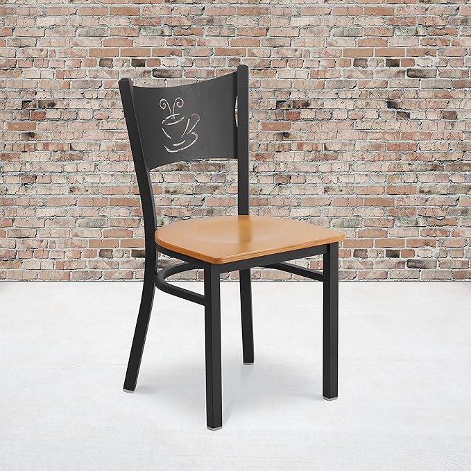 Flash Furniture HERCULES Series Black Coffee Back Metal Restaurant Chair - Natural Wood Seat