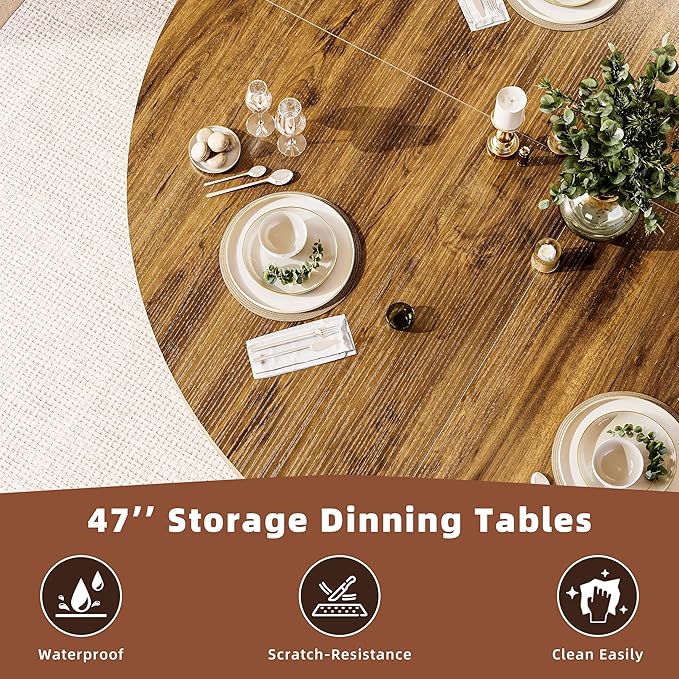 47 Inch Round Dining Table for 4-6 Round Table Kitchen Modern Round Dining Room Table with 2-Layer Storage Shelf and Wood Slide Door Circle Kitchen Tables for Dining Room Walnut