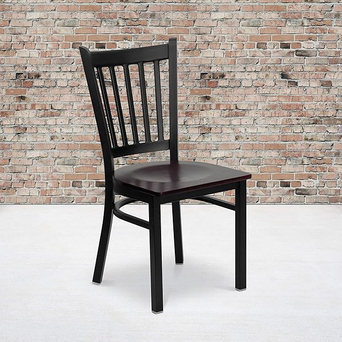 Flash Furniture HERCULES Series Black Vertical Back Metal Restaurant Chair - Mahogany Wood Seat