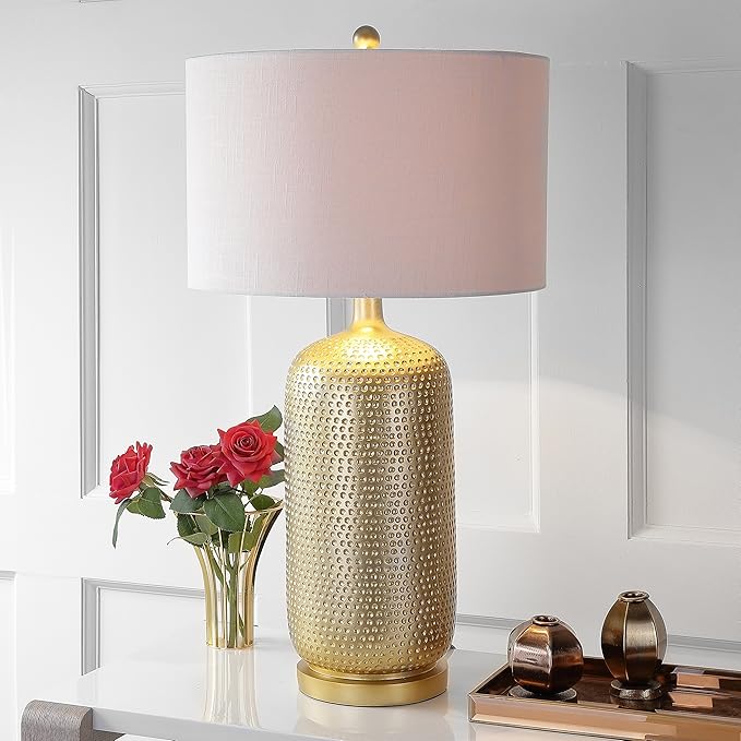 JONATHAN Y 30" Gold Modern Resin Table Lamp, Glam Contemporary Bedside Lamp with White Linen Drum Shade for Living Room Bedroom Nightstand, UL Listed, LED Bulb Included JYL1017A