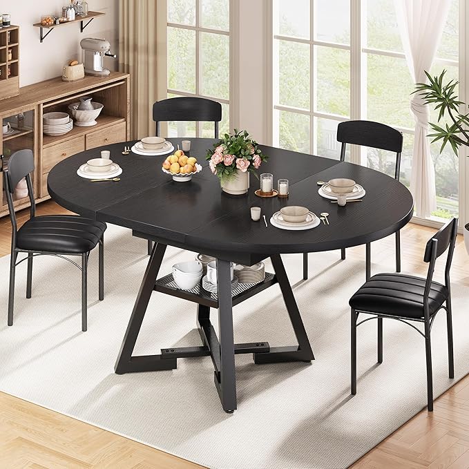Round Dining Table Kitchen Dining Room Dinner Table for 4-6, Space Saving Extendable Oval Circle Furniture with Pedestal Base and Storage Shelf for Kitchen Living Room (Black, for 4-6)