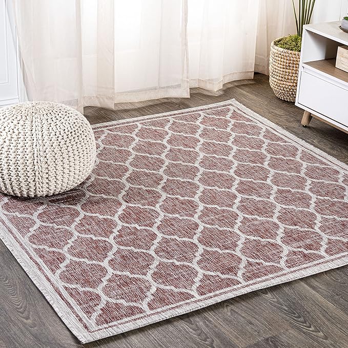 JONATHAN Y Moroccan Trellis Indoor Outdoor Square Area Rug 3X3 Red/Beige, Trebol Textured Weave for Backyard, Patio, Porch, Easy-Cleaning, High Traffic, Pet-Friendly, Non-Shedding (SMB109C-3SQ)