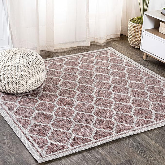 JONATHAN Y Moroccan Trellis Indoor Outdoor Square Area Rug 8X8 Red/Beige, Trebol Textured Weave for Backyard, Patio, Porch, Easy-Cleaning, High Traffic, Pet-Friendly, Non-Shedding (SMB109C-8SQ)