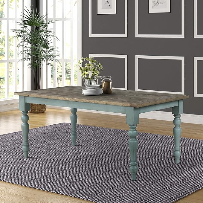 Roundhill Furniture Prato 6-Piece Dining Set, Dining Table with 4 Cross Back Chairs and Bench, Antique Blue and Distressed Walnut Finish