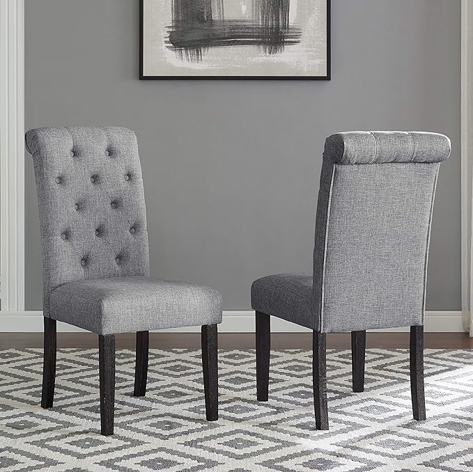 Roundhill Furniture Leviton Solid Wood Tufted Dining Chair, Set of 2, Gray