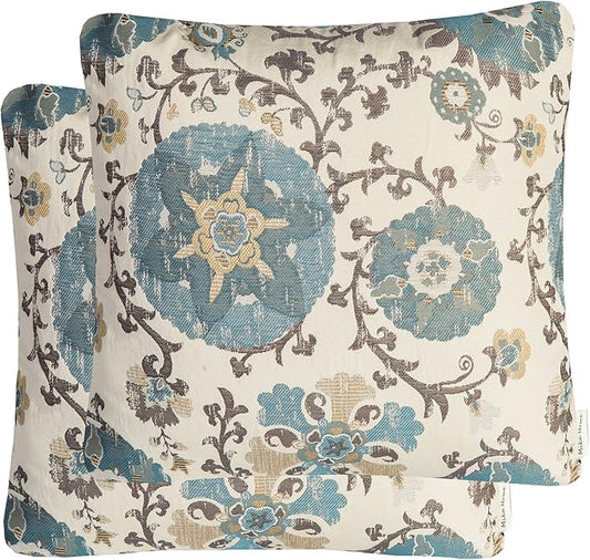 Mika Home Pack of 2 Jacquard Circle Floral Throw Pillow Case Decorative Pillow Cover for 22X22 Inserts Cream Blue