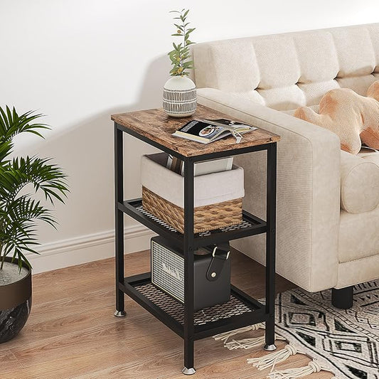 VECELO Tall End Side Tables,30" Height Nightstand with 3-Tier Storage Shelf for Bedroom Living Room, Easy Assembly,Industrial Style, Brown