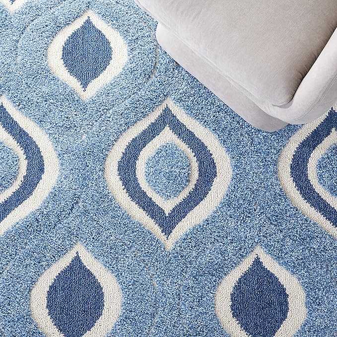 SAFAVIEH Florida Shag Collection Area Rug - 6'7" Square, Blue & Ivory, Modern Ogee Design, Non-Shedding & Easy Care, 1.2-inch Thick Ideal for High Traffic Areas in Living Room, Bedroom (SG461-6012)