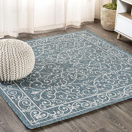 JONATHAN Y Vintage Filigree Indoor Outdoor Square Area Rug 6X6 Teal/Gray, Charleston Textured Weave for Backyard, Patio, Porch, Easy-Cleaning, High Traffic, Pet-Friendly, Non-Shedding (SMB106F-6SQ)
