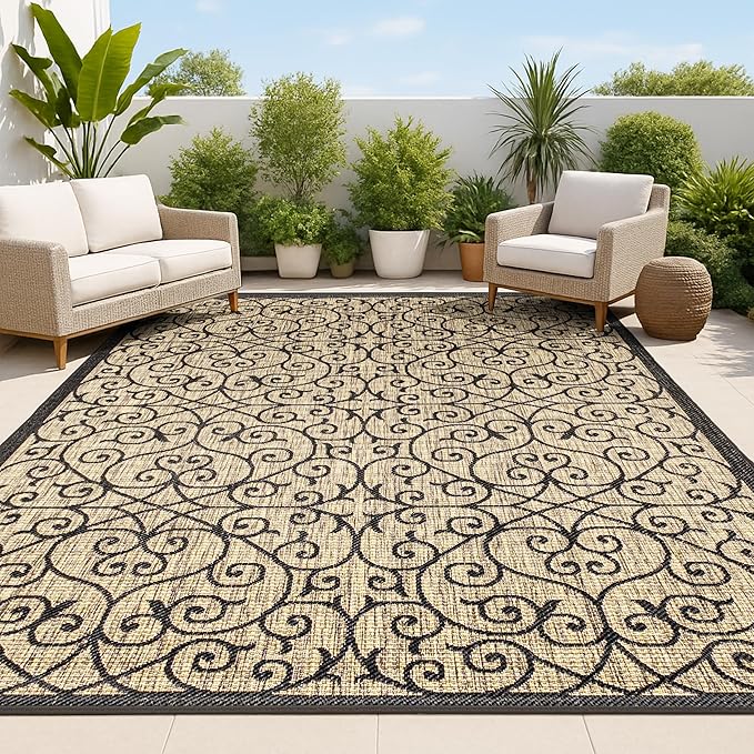 JONATHAN Y Vintage Filigree Indoor Outdoor Area Rug 3X5 Black/Khaki, Madrid Textured Weave for Backyard, Patio, Porch, Easy-Cleaning, High Traffic, Pet-Friendly, Non-Shedding (SMB107A-3)