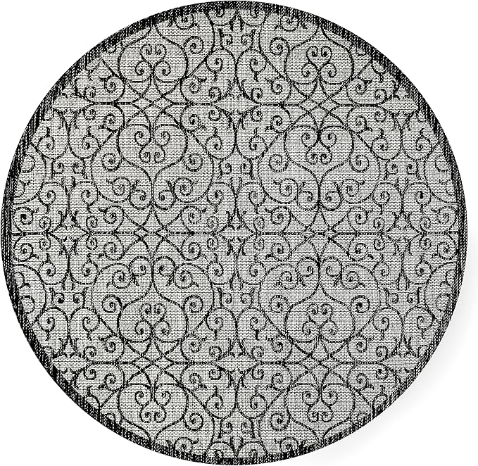 JONATHAN Y Vintage Filigree Indoor Outdoor Round Area Rug 8 Ft Light Gray/Black, Madrid Textured Weave for Backyard, Patio, Porch, Easy-Cleaning, High Traffic, Pet-Friendly, Non-Shedding SMB107E-8R