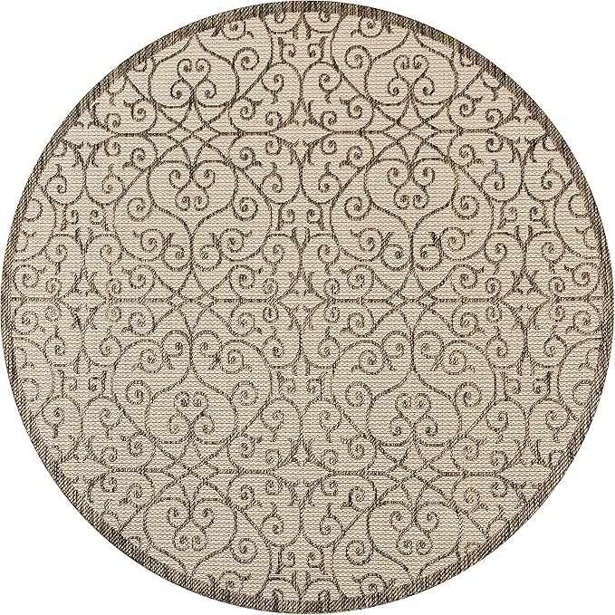 JONATHAN Y Vintage Filigree Indoor Outdoor Round Area Rug 8 Ft Beige/Brown, Madrid Textured Weave for Backyard, Patio, Porch, Easy-Cleaning, High Traffic, Pet-Friendly, Non-Shedding (SMB107B-8R)