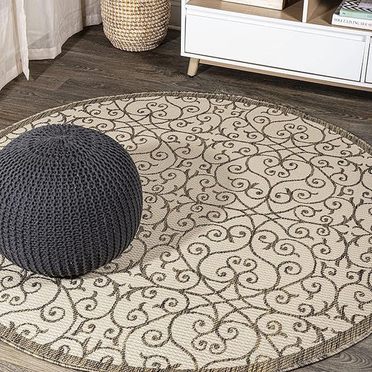 JONATHAN Y Vintage Filigree Indoor Outdoor Round Area Rug 8 Ft Beige/Brown, Madrid Textured Weave for Backyard, Patio, Porch, Easy-Cleaning, High Traffic, Pet-Friendly, Non-Shedding (SMB107B-8R)