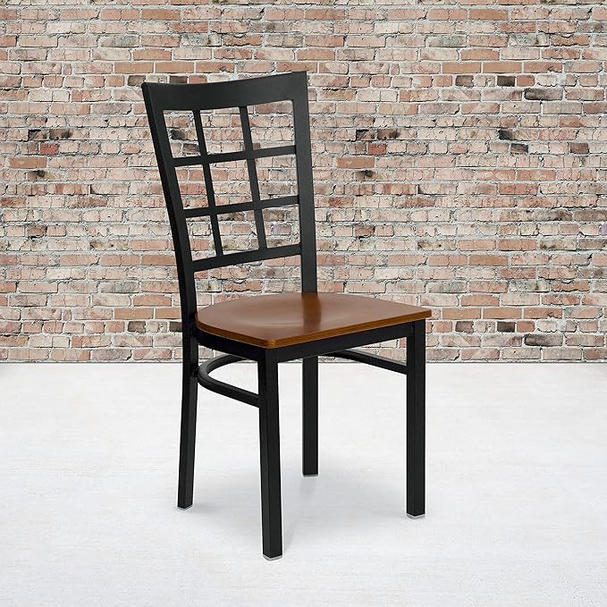 Flash Furniture HERCULES Series Black Window Back Metal Restaurant Chair - Cherry Wood Seat