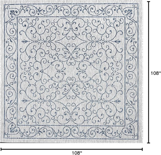 JONATHAN Y Vintage Filigree Indoor Outdoor Square Area Rug 9X9 Gray/Navy, Charleston Textured Weave for Backyard, Patio, Porch, Easy-Cleaning, High Traffic, Pet-Friendly, Non-Shedding (SMB106C-9SQ)