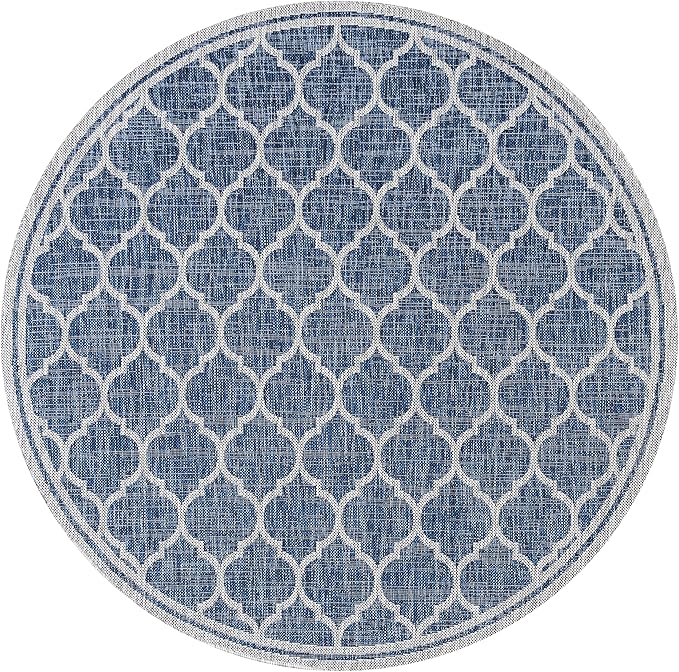 JONATHAN Y Moroccan Trellis Indoor Outdoor Round Area Rug 3 Ft Navy/Gray, Trebol Textured Weave for Backyard, Patio, Porch, Easy-Cleaning, High Traffic, Pet-Friendly, Non-Shedding (SMB109D-3R)