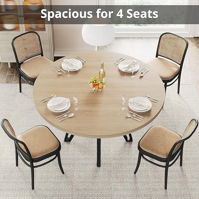 LIKIMIO Round Dining Table for 4, 47.2” Wooden Kitchen Table with Rattan Storage Shelf, Space-Saving for Modern Dining Room, Living Room, Natural