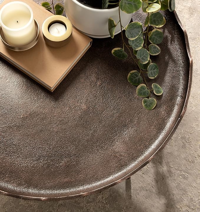 Kate and Laurel Alessia Modern Round Metal Coffee Table, 26 x 26 x 16, Bronze, Sand Cast Aluminum Coffee Table with Raised Deckled Edge for Storage and Display