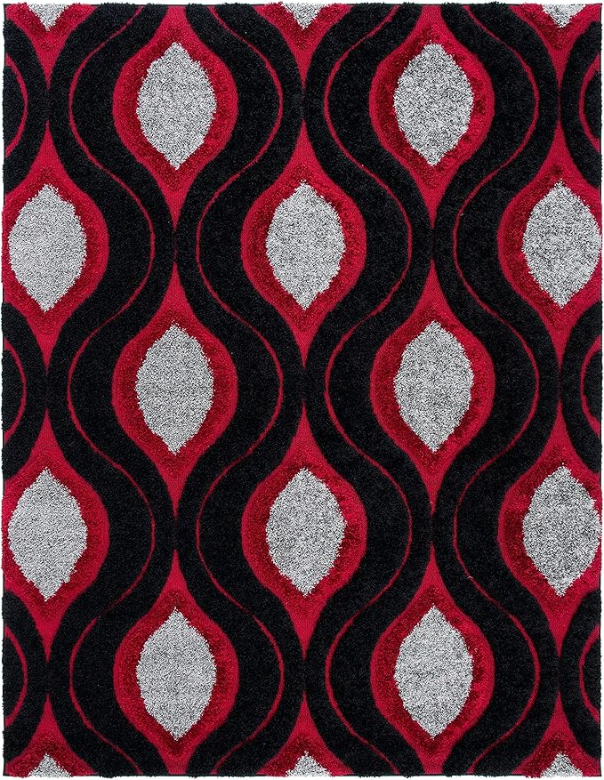 SAFAVIEH Florida Shag Collection Area Rug - 6'7" Square, Black & Red, Modern Ogee Design, Non-Shedding & Easy Care, 1.2-inch Thick Ideal for High Traffic Areas in Living Room, Bedroom (SG461-9040)