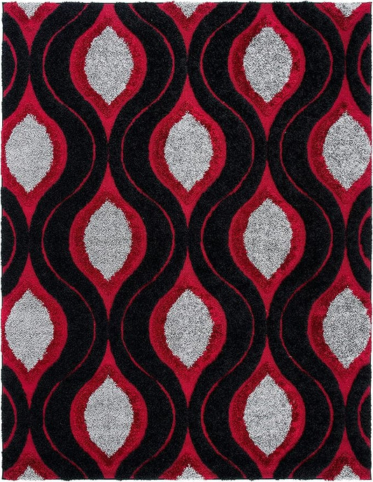 SAFAVIEH Florida Shag Collection Area Rug - 6'7" Square, Black & Red, Modern Ogee Design, Non-Shedding & Easy Care, 1.2-inch Thick Ideal for High Traffic Areas in Living Room, Bedroom (SG461-9040)