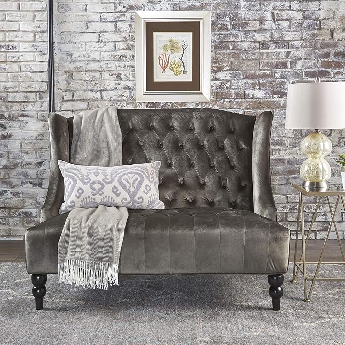 Christopher Knight Home GDFStudio Leona Modern Glam Tufted Velvet Wingback Loveseat, Gray and Dark Brown