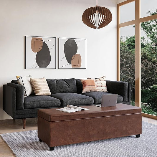 SIMPLIHOME Avalon Extra Large Storage Ottoman Bench - 54 inch Wide Upholstered Vegan Leather Rectangular Lift-Top Ottoman in Distressed Saddle Brown, Contemporary Bench for Living Room with Storage