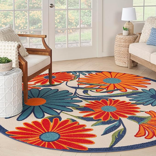 Nourison Home Aloha Multicolor 5'3" x Round Area Rug - Easy Clean, Non Shedding, Bed Room, Living Room, Dining Room, Kitchen (5' x Round)