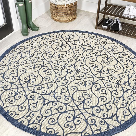 JONATHAN Y Vintage Filigree Indoor Outdoor Round Area Rug 5 Ft Navy/Beige, Madrid Textured Weave for Backyard, Patio, Porch, Easy-Cleaning, High Traffic, Pet-Friendly, Non-Shedding (SMB107G-5R)