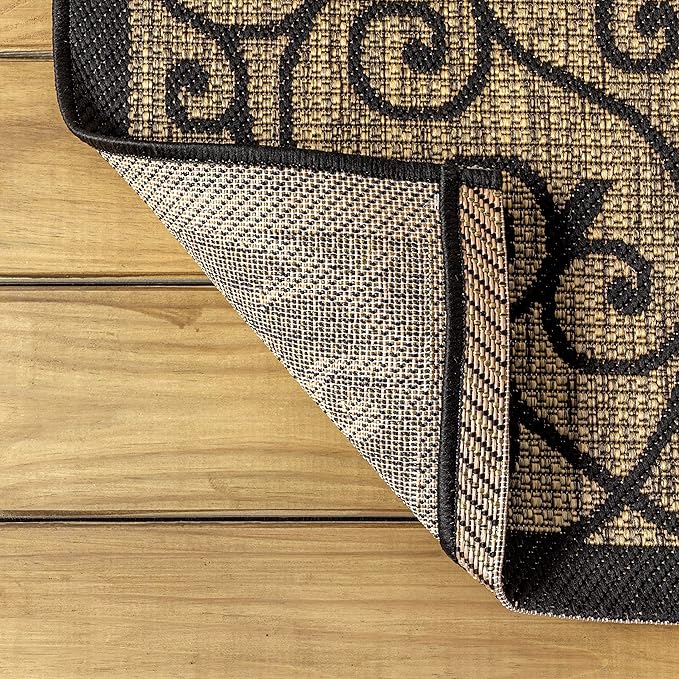 JONATHAN Y Vintage Filigree Indoor Outdoor Square Area Rug 3X3 Black/Khaki, Madrid Textured Weave for Backyard, Patio, Porch, Easy-Cleaning, High Traffic, Pet-Friendly, Non-Shedding (SMB107A-3SQ)