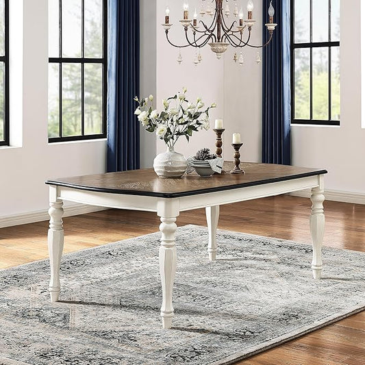 Roundhill Furniture Belleza French Country 74" Width Wood Dining Table, Table for 6, Antique White and Weathered Oak Finish