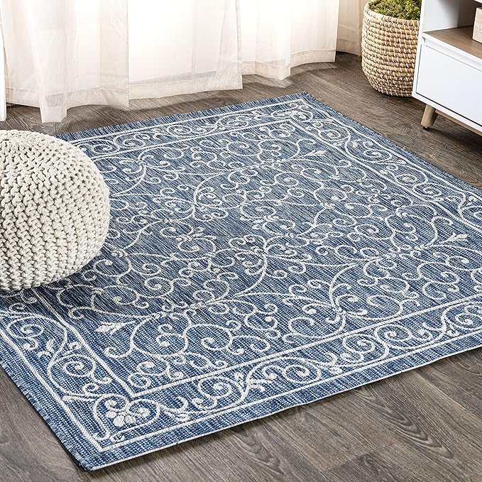 JONATHAN Y Vintage Filigree Indoor Outdoor Square Area Rug 6X6 Navy/Gray, Charleston Textured Weave for Backyard, Patio, Porch, Easy-Cleaning, High Traffic, Pet-Friendly, Non-Shedding (SMB106D-6SQ)