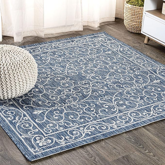 JONATHAN Y Vintage Filigree Indoor Outdoor Square Area Rug 6X6 Navy/Gray, Charleston Textured Weave for Backyard, Patio, Porch, Easy-Cleaning, High Traffic, Pet-Friendly, Non-Shedding (SMB106D-6SQ)