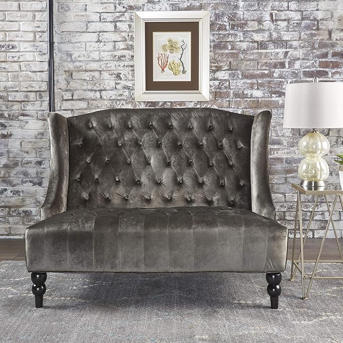 Christopher Knight Home GDFStudio Leona Modern Glam Tufted Velvet Wingback Loveseat, Gray and Dark Brown