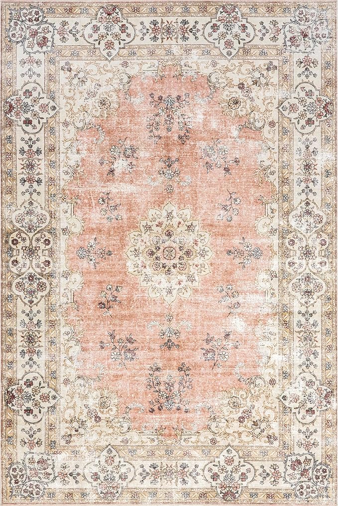 nuLOOM 4' x 6' Machine Washable Stain-Resistant Area Rug with Non Slip Backing, Low Profile for Living Room, Bedroom, and Dining Room, Ren Peach