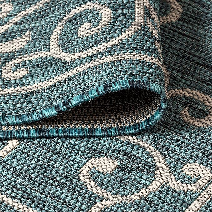 JONATHAN Y Vintage Filigree Indoor Outdoor Round Area Rug 9 Ft Teal/Gray, Charleston Textured Weave for Backyard, Patio, Porch, Easy-Cleaning, High Traffic, Pet-Friendly, Non-Shedding (SMB106F-9R)