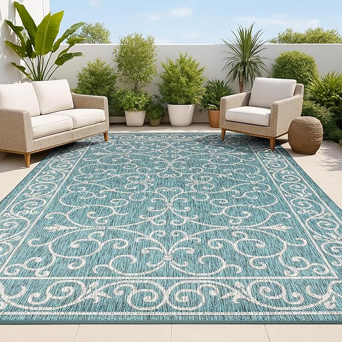 JONATHAN Y Vintage Filigree Indoor Outdoor Area Rug 6X9 Teal/Gray, Charleston Textured Weave for Backyard, Patio, Porch, Easy-Cleaning, High Traffic, Pet-Friendly, Non-Shedding (SMB106F-6)