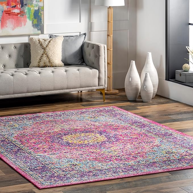 Nuloom Verona Fuchsia/Yellow, 8' x 10', Vintage Medallion, Soft and Cozy, High Traffic, Stain Resistant, Easy Clean, Durable Area Rug for Bedroom, Living Room, Dining Space, Den, Foyer, Entryway