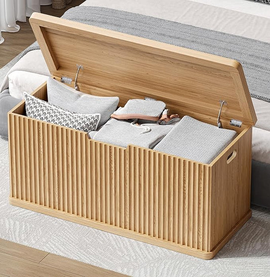 Fluted Storage Chest with 2 Safety Hinges, 37.4" Wooden Storage Trunk, Natural Entryway Bench, for Living Room, Bedroom, Curved Profile, Easy Assembly, Natural Oak