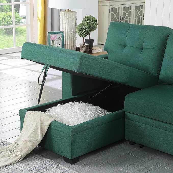 ACQCA 82" Convertible Sectional Sleeper Sofa with Storage Chaise, L Shaped Pull Out Couch Bed with 3 Tufted Back Cushion for Living Room, Apartment,Office,Green