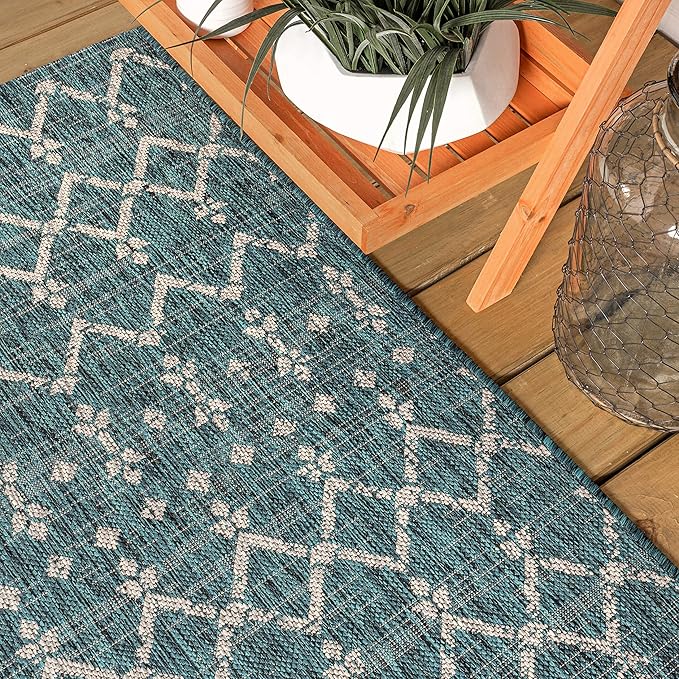 JONATHAN Y Moroccan Geometric Indoor Outdoor Round Area Rug 5 Ft Teal/Gray, Ourika Textured Weave for Backyard, Patio, Porch, Easy-Cleaning, High Traffic, Pet-Friendly, Non-Shedding (SMB108C-5R)
