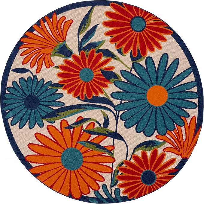 Nourison Home Aloha Multicolor 5'3" x Round Area Rug - Easy Clean, Non Shedding, Bed Room, Living Room, Dining Room, Kitchen (5' x Round)